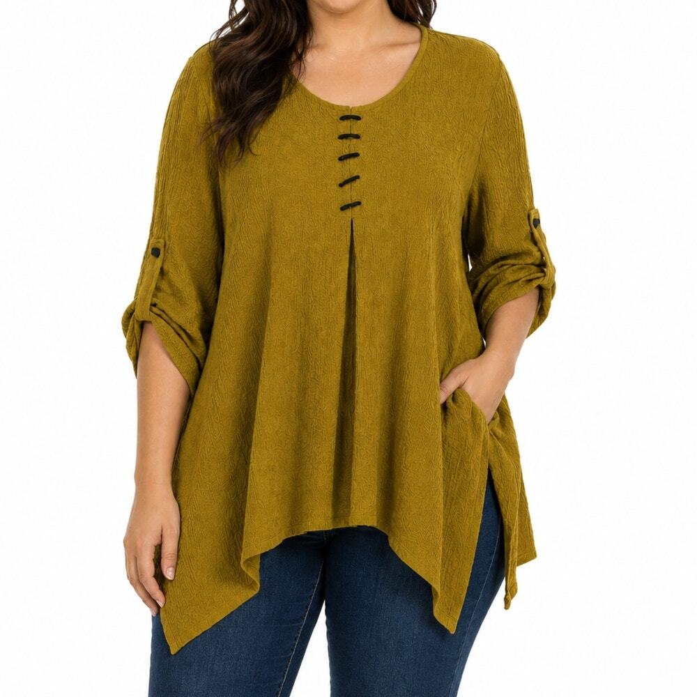 Ali Miles Textured Tunic Top 2X Mustard Gold Asymmetrical Hem Roll Tab Sleeve